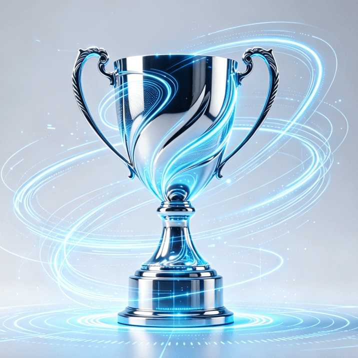 Trofeo plateado con detalles luminosos azules